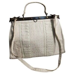 VINTAGE Croc Embossed Doctor Bag Satchel - Cream Beige Frame Handbag - Crossbody